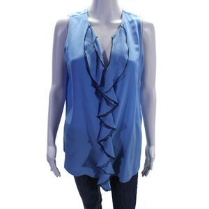 Her Shirt Womens Silk Sleeveless V-neck Ruffled Front Blouse Blue Size L